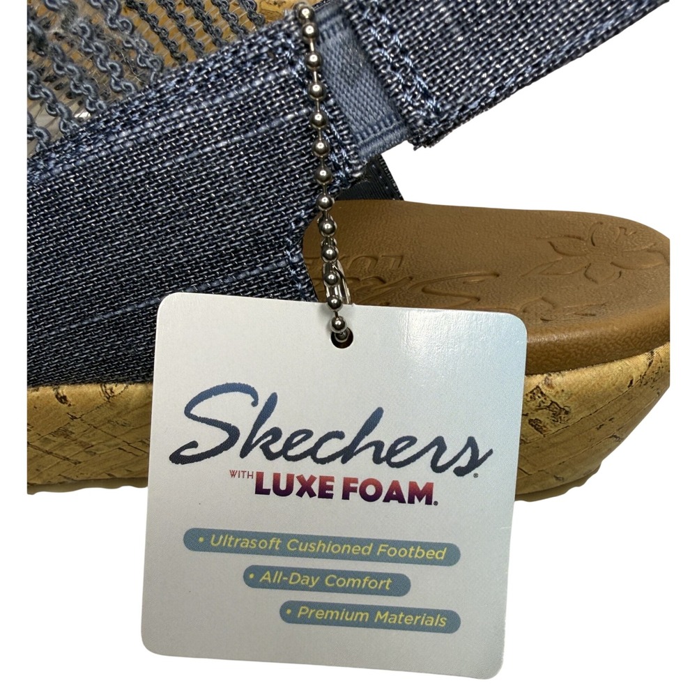 Skechers Brie Dawdle Sandals Womens 10 Navy Textile Wedge Stretch Strappy Luxe - Picture 9 of 11
